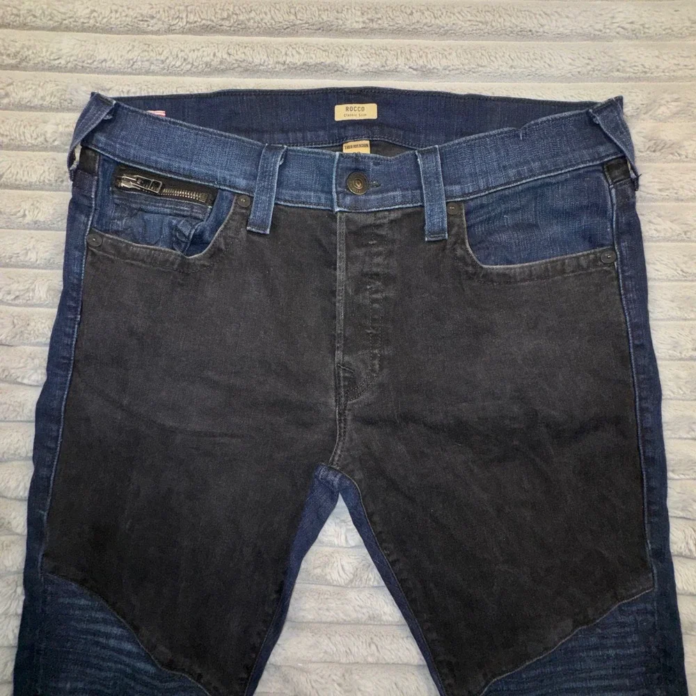True Religion Mens 38 Rocco Classic Slim Moto Jeans Blue Black Ribbed‎ 36x33